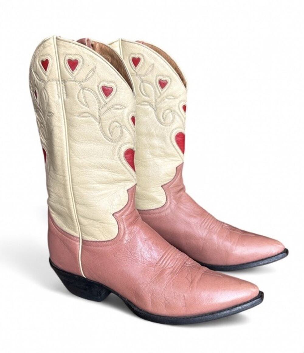 VTG Justin Boots Heart Inlay Leather Cowboy Boots Women’s 7.5 Cream Pink & Red
